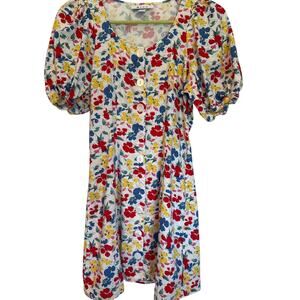 Rixo Floral Puff Sleeve Mini Dress Linen Blend Button Down Size 0